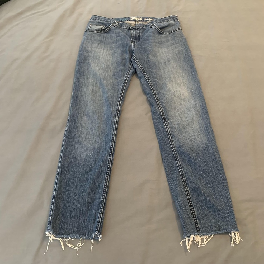 Wrangler Rock 47 Jeans Womens Medium Blue Boyfriend Fit Straight‎ Leg Raw Hem